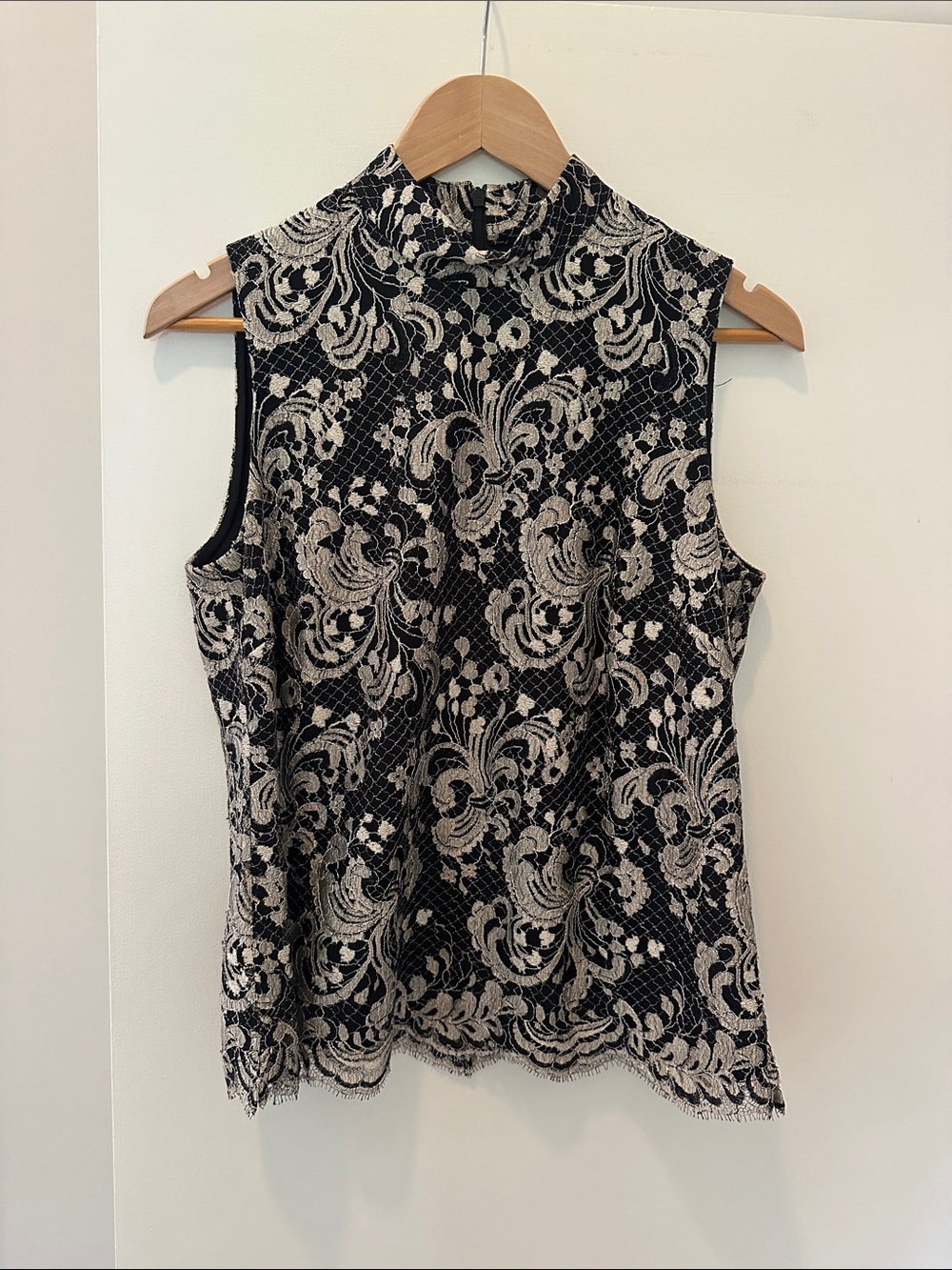 Talbots Black Sleeveless Mock Neck Camisole with Cream Lace Overlay